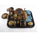 A tray containing assorted brass and copper ware, Ronson table lighter,