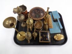 A tray containing assorted brass and copper ware, Ronson table lighter,