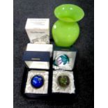 A tray containing assorted glassware to include three boxed Caithness glass paperweights, Comet,