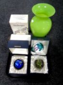 A tray containing assorted glassware to include three boxed Caithness glass paperweights, Comet,