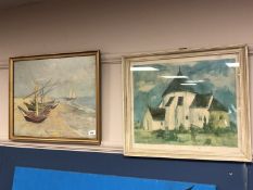 Two continental prints depicting a church and boats on a beach (2)