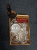 A box containing assorted glassware, wooden bellows, wooden storage jar,