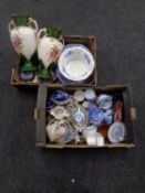 Two boxes containing miscellaneous china to include pair of late 19th century vases,