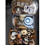 Three boxes containing assorted ceramics to include blue and white dinnerware,