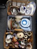 Three boxes containing assorted ceramics to include blue and white dinnerware,