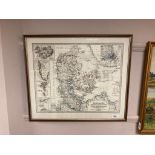 A framed map of Denmark,