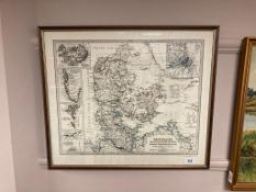 A framed map of Denmark,