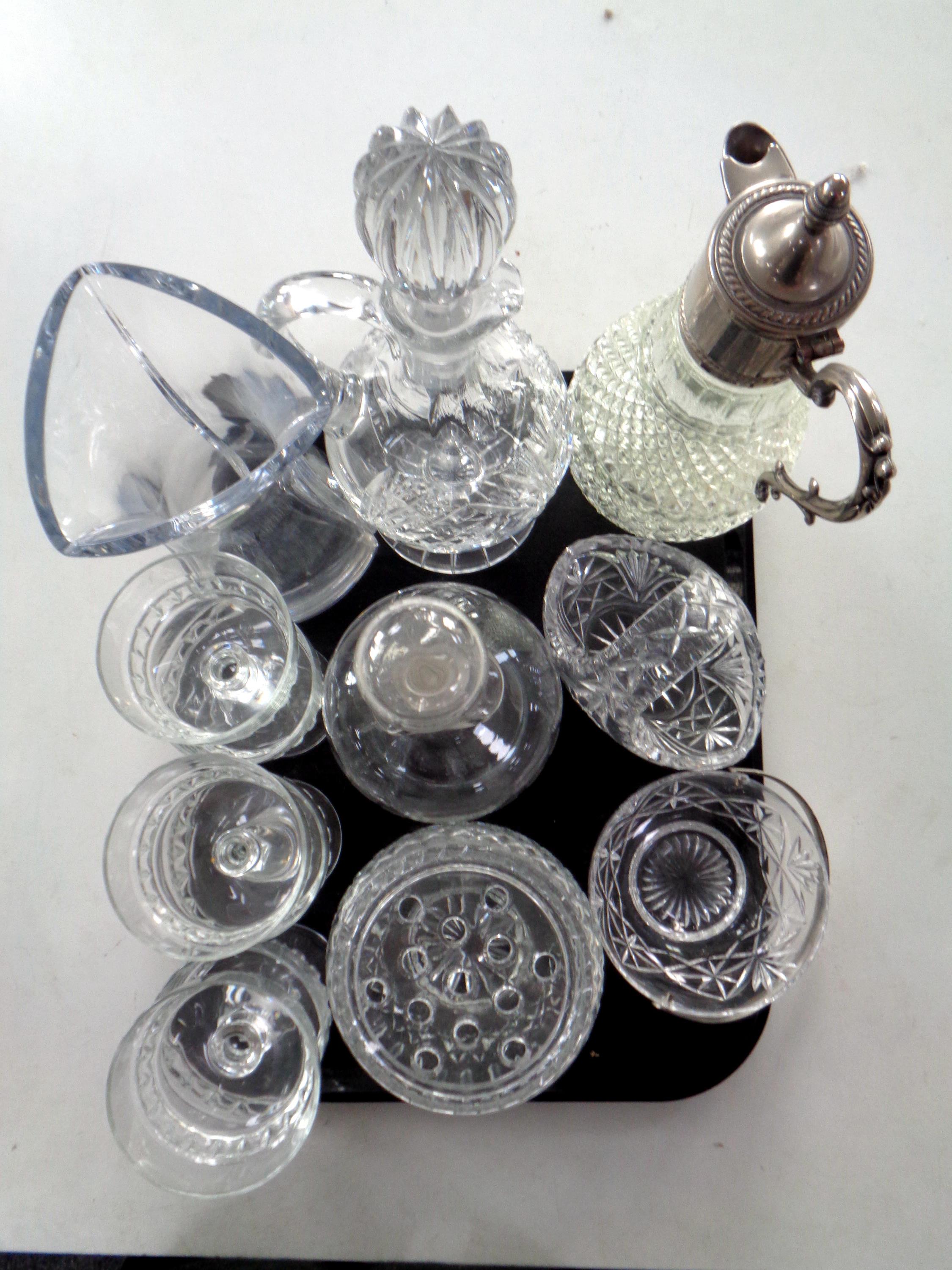 A tray of 20th century pressed glassware including silver plate mounted claret jug,