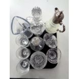 A tray of 20th century pressed glassware including silver plate mounted claret jug,