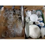 Two boxes containing assorted glassware, stainless steel trays,