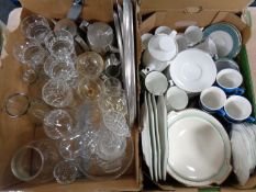 Two boxes containing assorted glassware, stainless steel trays,