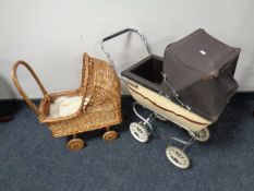 A vintage child's pram together with a wicker pram