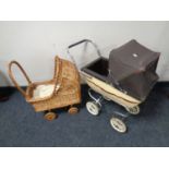 A vintage child's pram together with a wicker pram