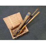 An ornamental Samurai sword together with a paddle, a rain stick and a wicker case, catapult,