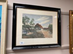 A continental hand coloured etching : A thatched cottage,