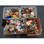 Four boxes containing a large quantity of dolls and soft toys,