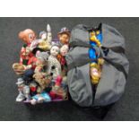 A box and a holdall containing a very large quantity of puppets including clowns,