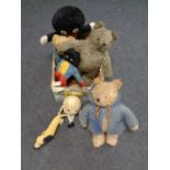 A box containing vintage toys including vintage Paddington Bear,