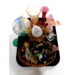 A tray containing 20th century glassware including amber glass bowl, petrol glass, paperweights,