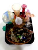 A tray containing 20th century glassware including amber glass bowl, petrol glass, paperweights,