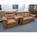 A good quality tan leather reclining two seater settee and matching armchair