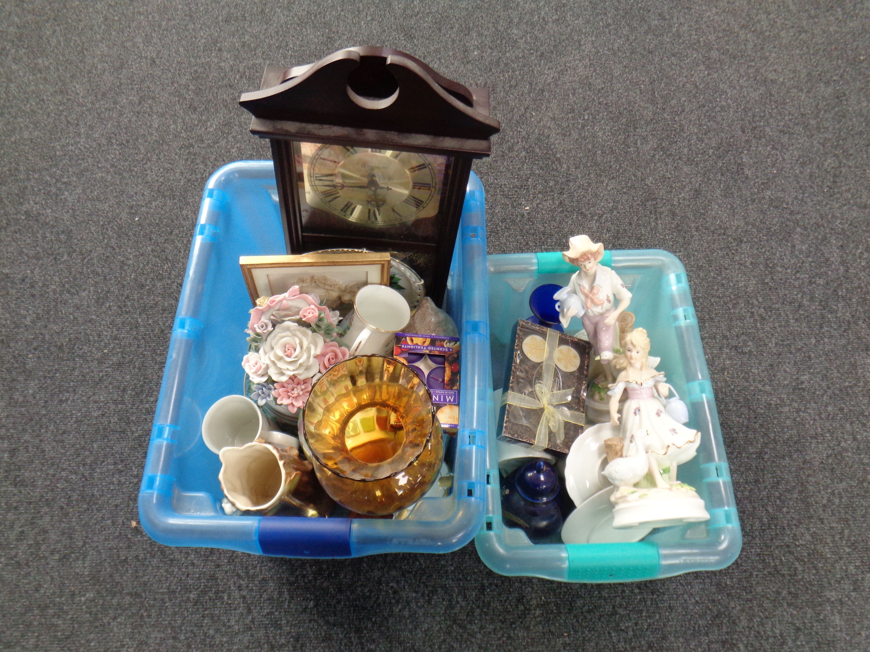 Two boxes containing 20th century porcelain figures, amber glass vase,