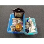 Two boxes containing 20th century porcelain figures, amber glass vase,