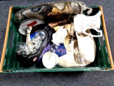 A crate containing silver plated tray, wooden clogs,