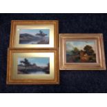 Two 20th century watercolours depicting trees by a Loch together with a further oil on board