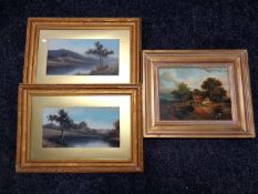 Two 20th century watercolours depicting trees by a Loch together with a further oil on board