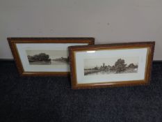 Two antique monochrome prints depicting river scenes