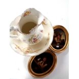 An Edwardian jug and basin together with a pair of continental gilt framed pictures depicting