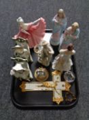A tray of gilt crucifix religious figure, continental figures,
