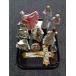 A tray of gilt crucifix religious figure, continental figures,