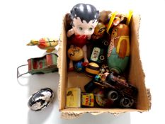 A small collection of antique, vintage and later toys, tin plated carriage,