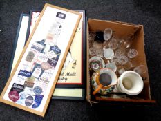 An advertising print together with a box of glass, ceramic jug, typewriter, further pictures,
