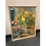 A continental colour print, still life with flowers in a vase, 49 x 62 cm,