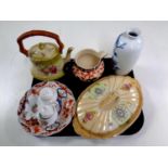A tray containing antique and later ceramics to include Imari scalloped edge plate,