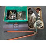 Two boxes and a metal toolbox containing tools