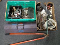 Two boxes and a metal toolbox containing tools