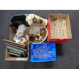 Two boxes and a crate containing a quantity of glassware, a hand painted glass vase,