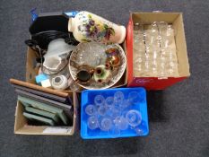 Two boxes and a crate containing a quantity of glassware, a hand painted glass vase,