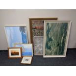 A group of 20th century pictures and prints, large watercolour of a sailing ship in rough seas,