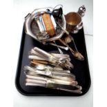 A tray containing a quantity of plated cutlery, small trophy cup, sugar sifter,