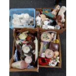 Five boxes containing china, ornaments, glass, Maling Sunday dishes, dog figures,