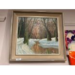 H Chris : A river in snow covered woodland, oil on canvas,