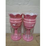 A pair of pink Victorian glass lustre's
