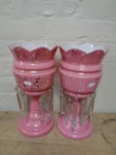 A pair of pink Victorian glass lustre's