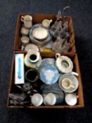 Two boxes containing Denby stoneware tea china, silver plated cruets, hip flask,