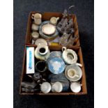 Two boxes containing Denby stoneware tea china, silver plated cruets, hip flask,